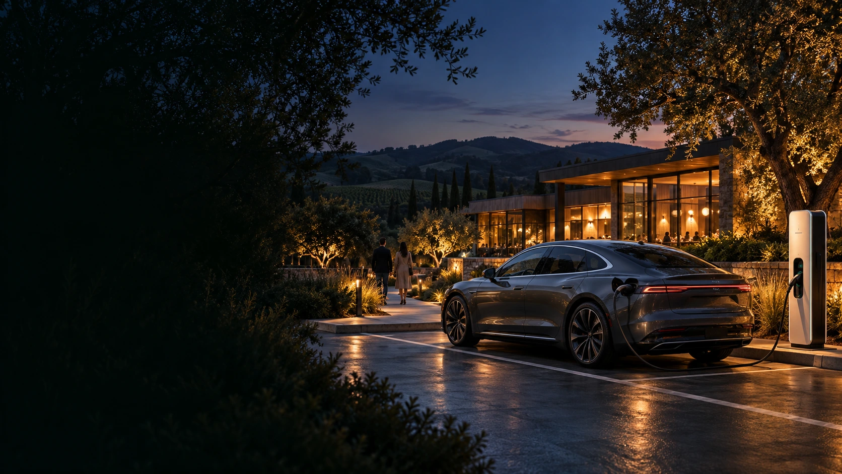 Illustrative electric-car charging scene at dusk